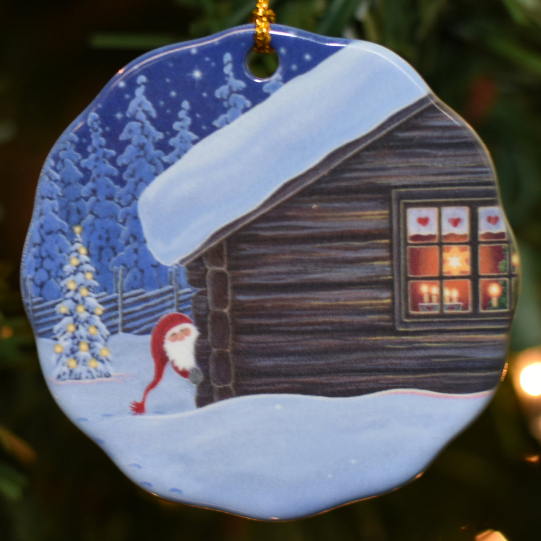 Ceramic Ornament, Eva Melhuish Tomte Peeking around House