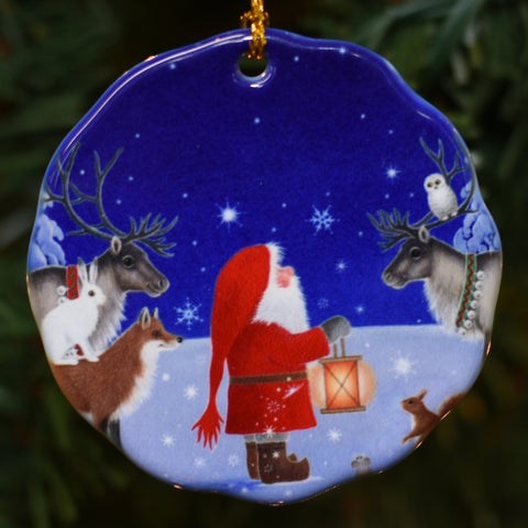 Ceramic Ornament, Eva Melhuish, Tomte w/ Reindeer & Owl