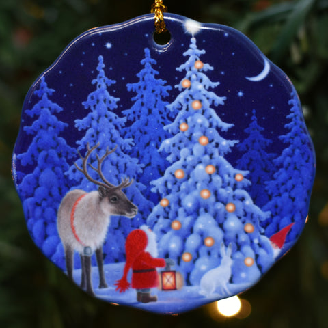 Ceramic Ornament, Eva Melhuish Tomte & Reindeer at Tree