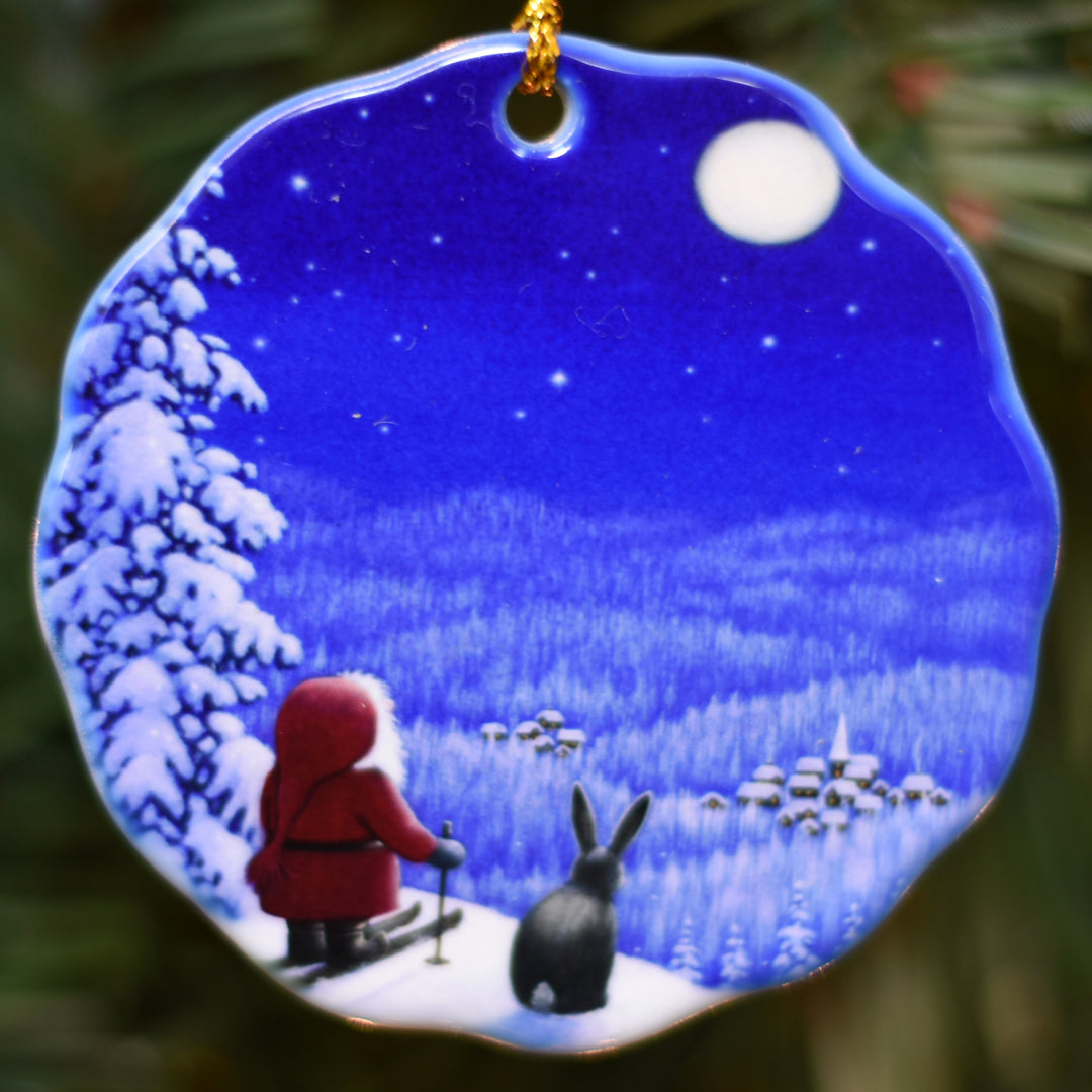 Ceramic Ornament, Eva Melhuish Tomte on Skiis w/bunny