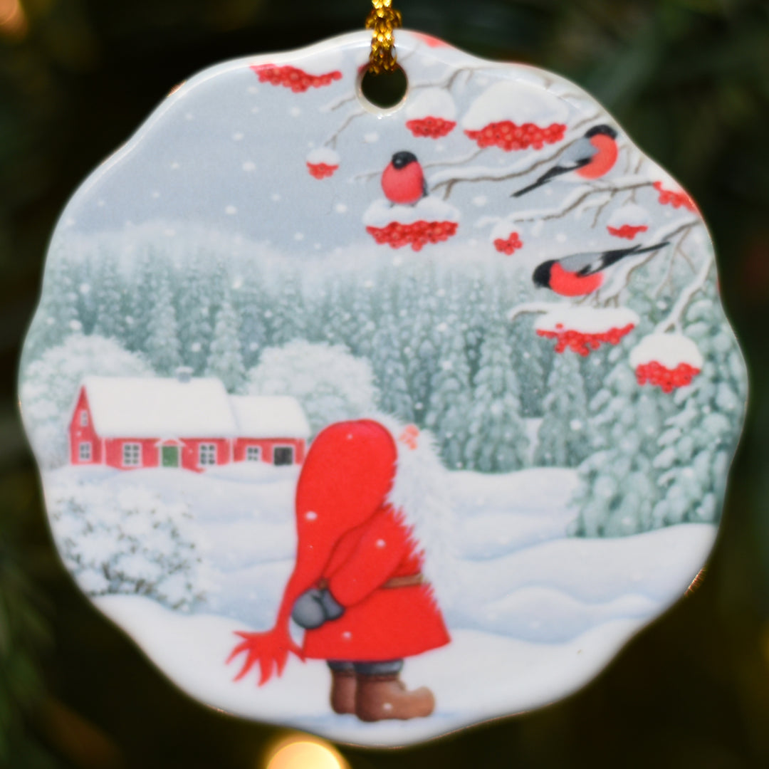 Ceramic Ornament, Eva Melhuish, tomte watching birds