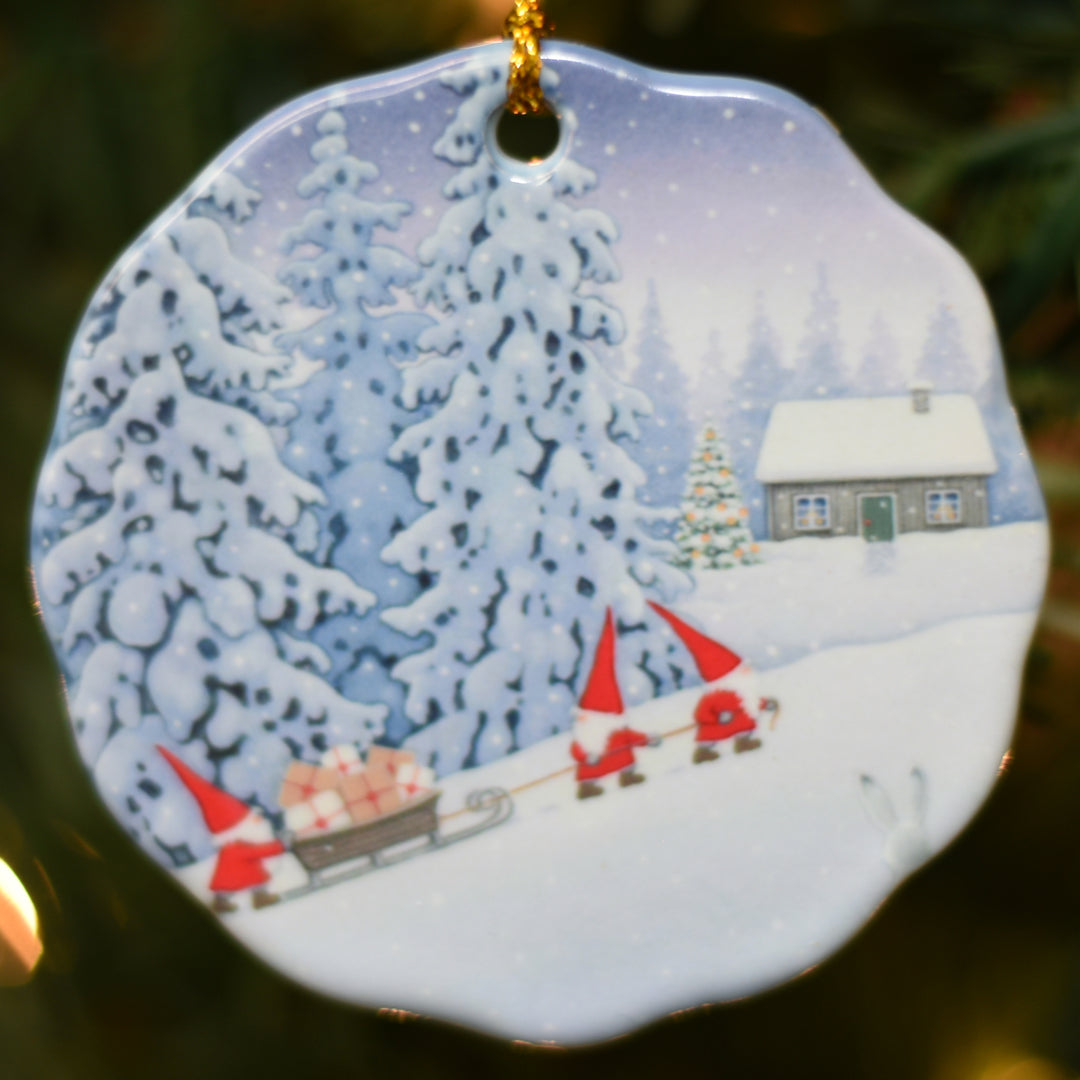 Ceramic Ornament, Eva Melhuish, Three Gnomes Pulling Sled Uphill