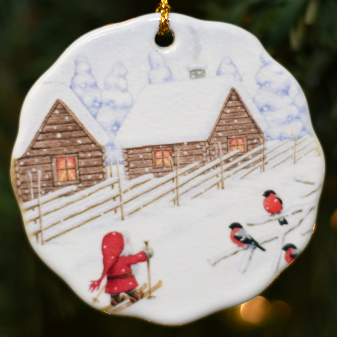 Ceramic Ornament, Eva Melhuish, Tomte Skiing with Birds