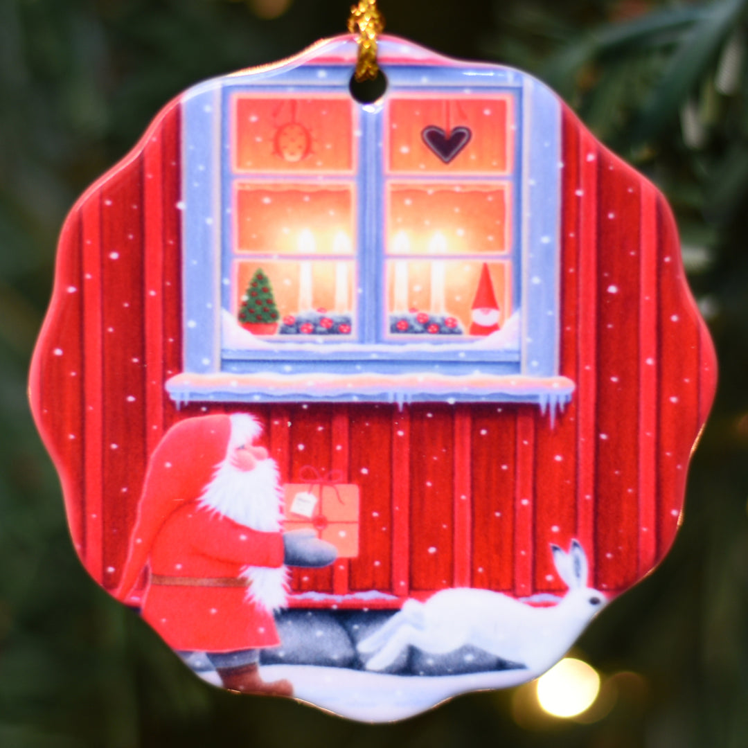 Ceramic Ornament, Eva Melhuish Red house with tomte & bunny