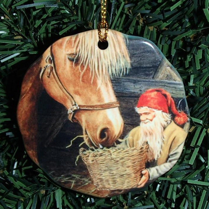 Ceramic Ornament, Jan Bergerlind Tomte feeding horse