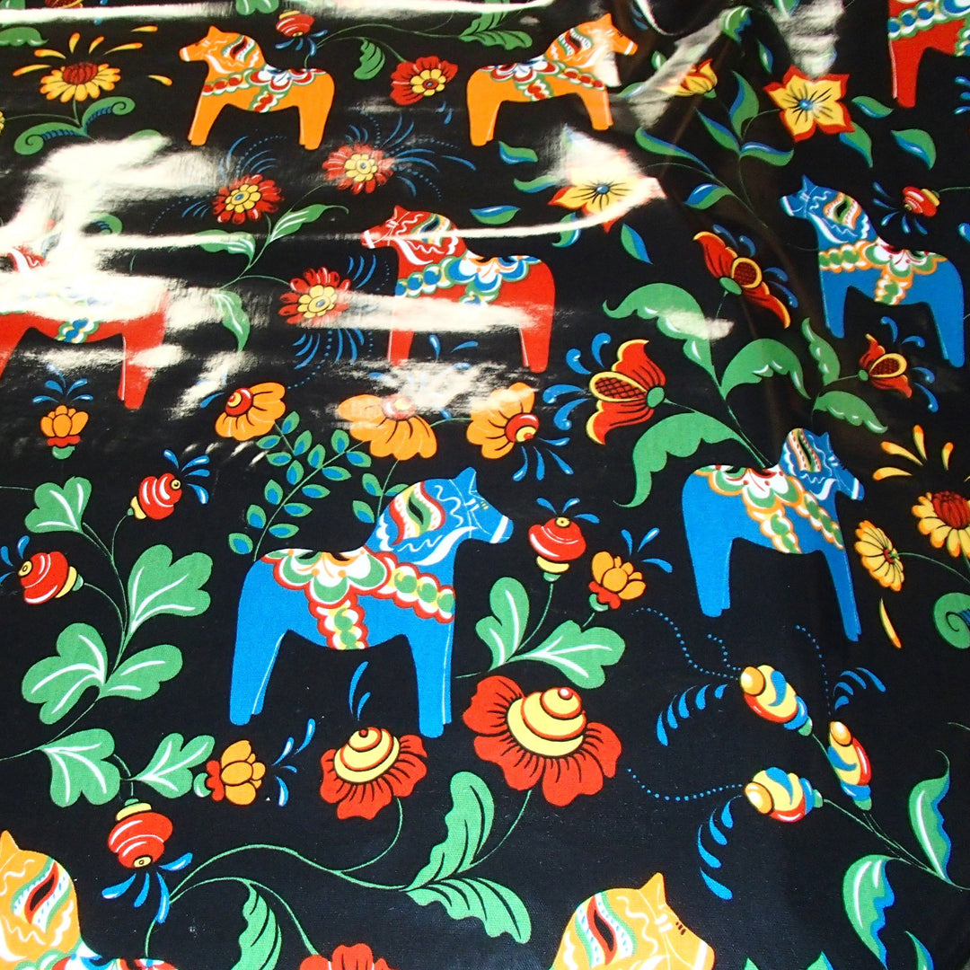 Oil Cloth Swedish fabric - Black with Dala Horses & Kurbits