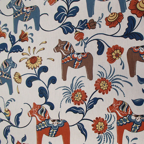 Swedish fabric - White w/ Blue, Red & Tan Dala horses & kurbits