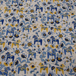 Swedish fabric - White w/ Blue & Yellow Mini Dala horses & kurbits