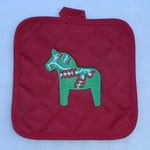 Pot holder - Swedish Green Dala horse on red