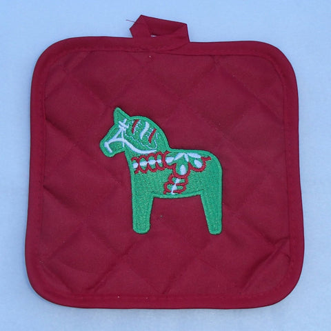 Pot holder - Swedish Green Dala horse on red