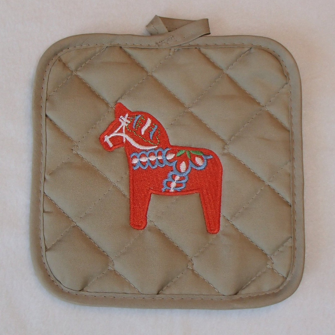 Pot holder - Swedish Dala horse on tan