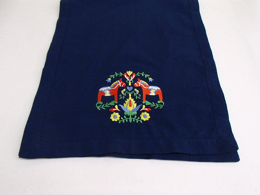 Swedish Dala horses & Flowers Embroidered on Blue 36" Table Runner