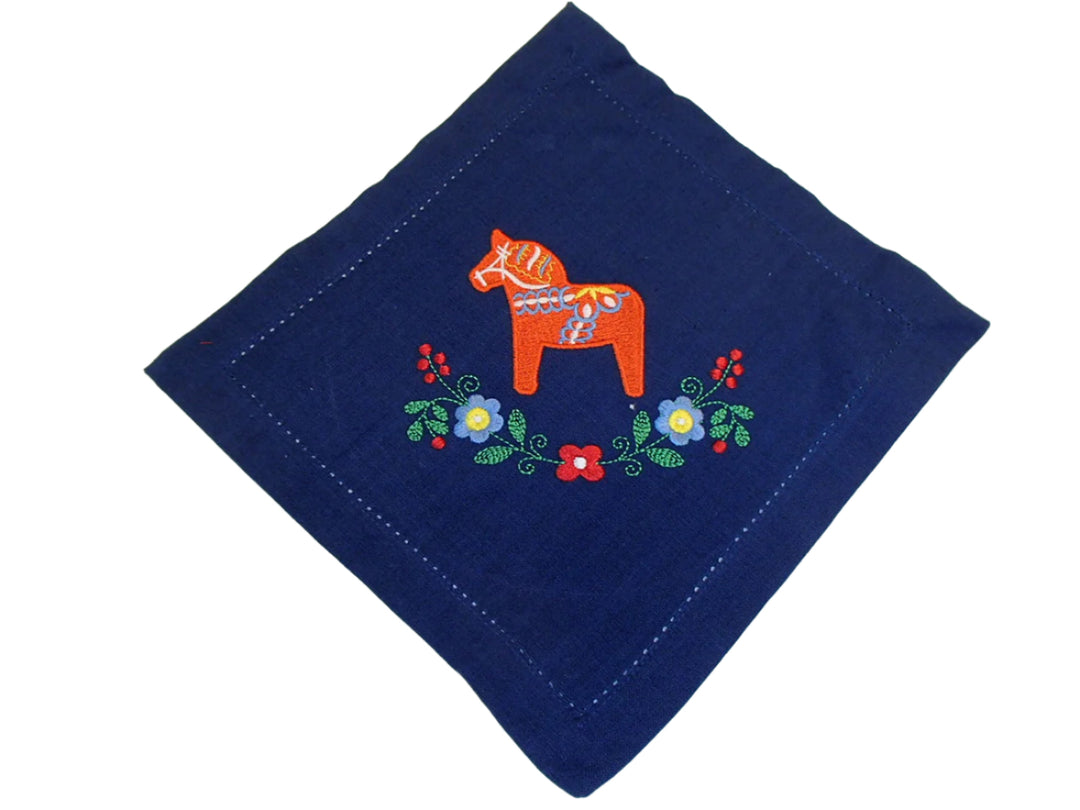 Small Square Doily Embroidered Dala horse & Flowers on Blue