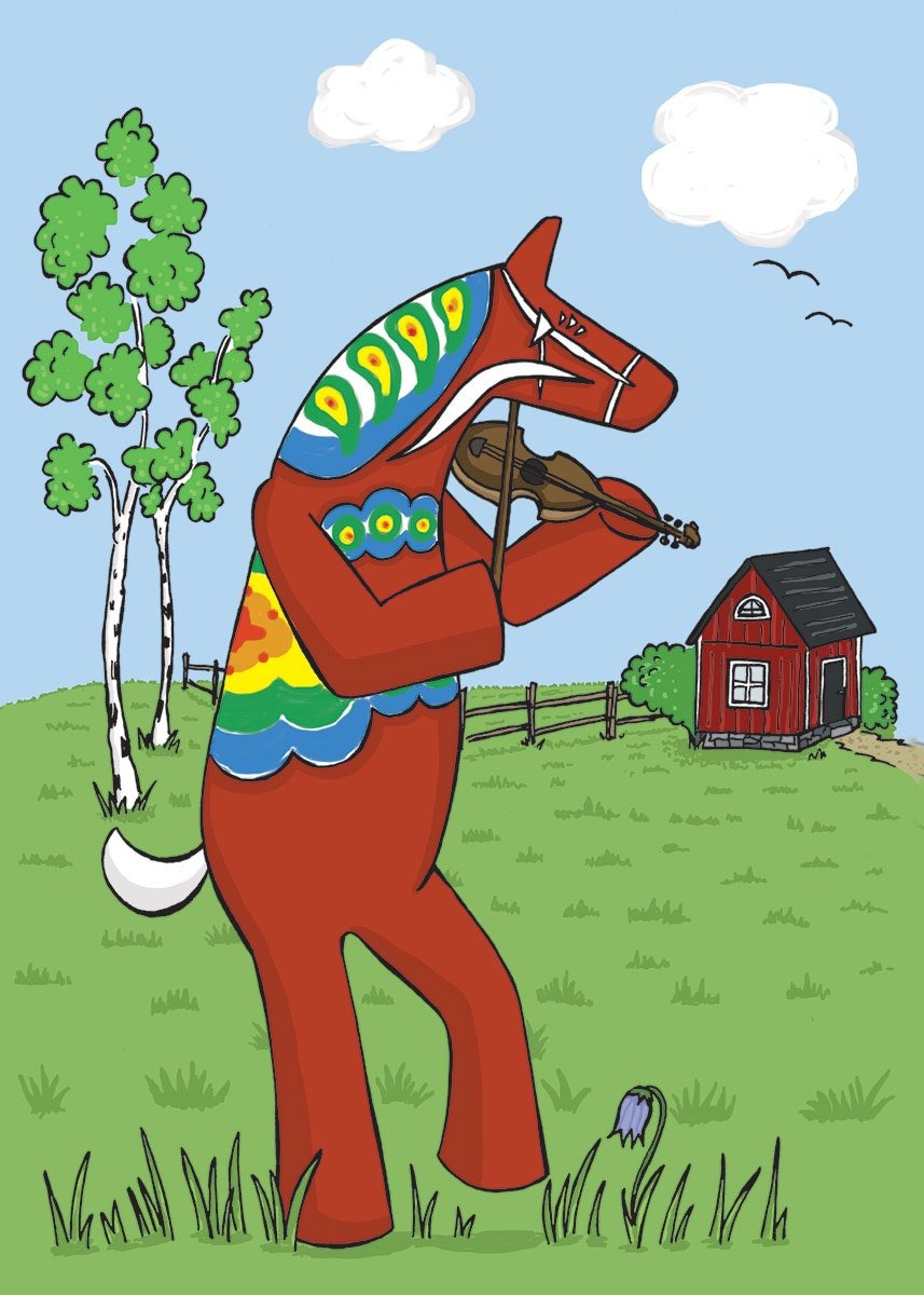 Rectangle Magnet, Karin Didring Dala horse Playing Fiddle