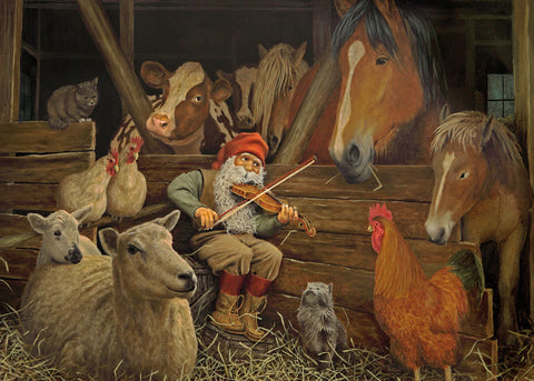 Rectangle Magnet, Jan Bergerlind Tomte playing violin for animals in barn