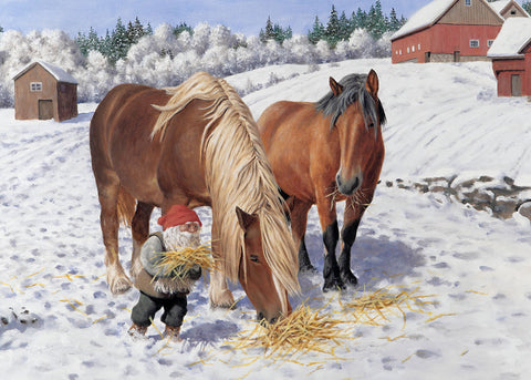 Rectangle Magnet, Jan Bergerlind Tomte feeding horses