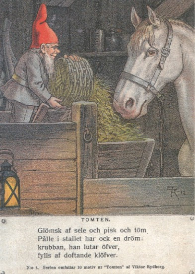 Post card, Viktor Rydberg Poem, Tomte feeding horse