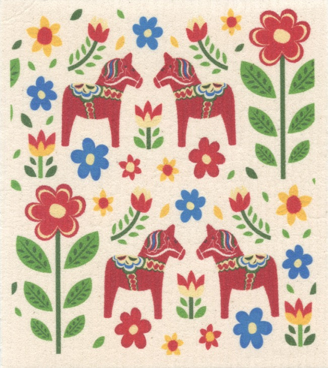 Swedish Dishcloth - Dala horse & flowers