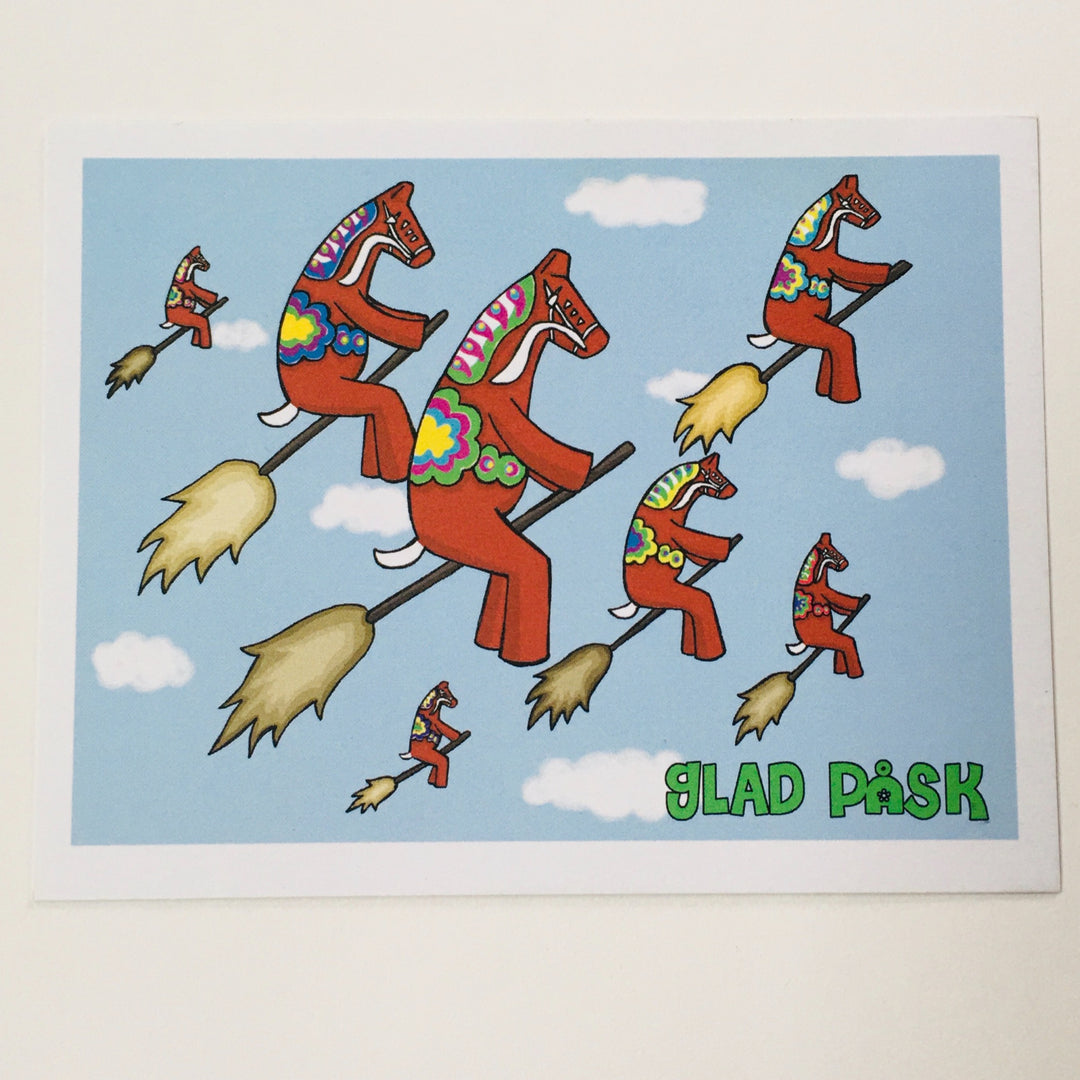 Post card, Karin Didring Glad Påsk Dala horse Easter witches