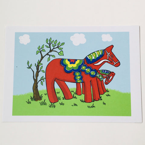 Post card, Karin Didring Dala horse with baby Dala horse
