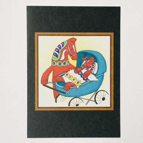 Post card, Karin Didring Dala horse with baby carriage