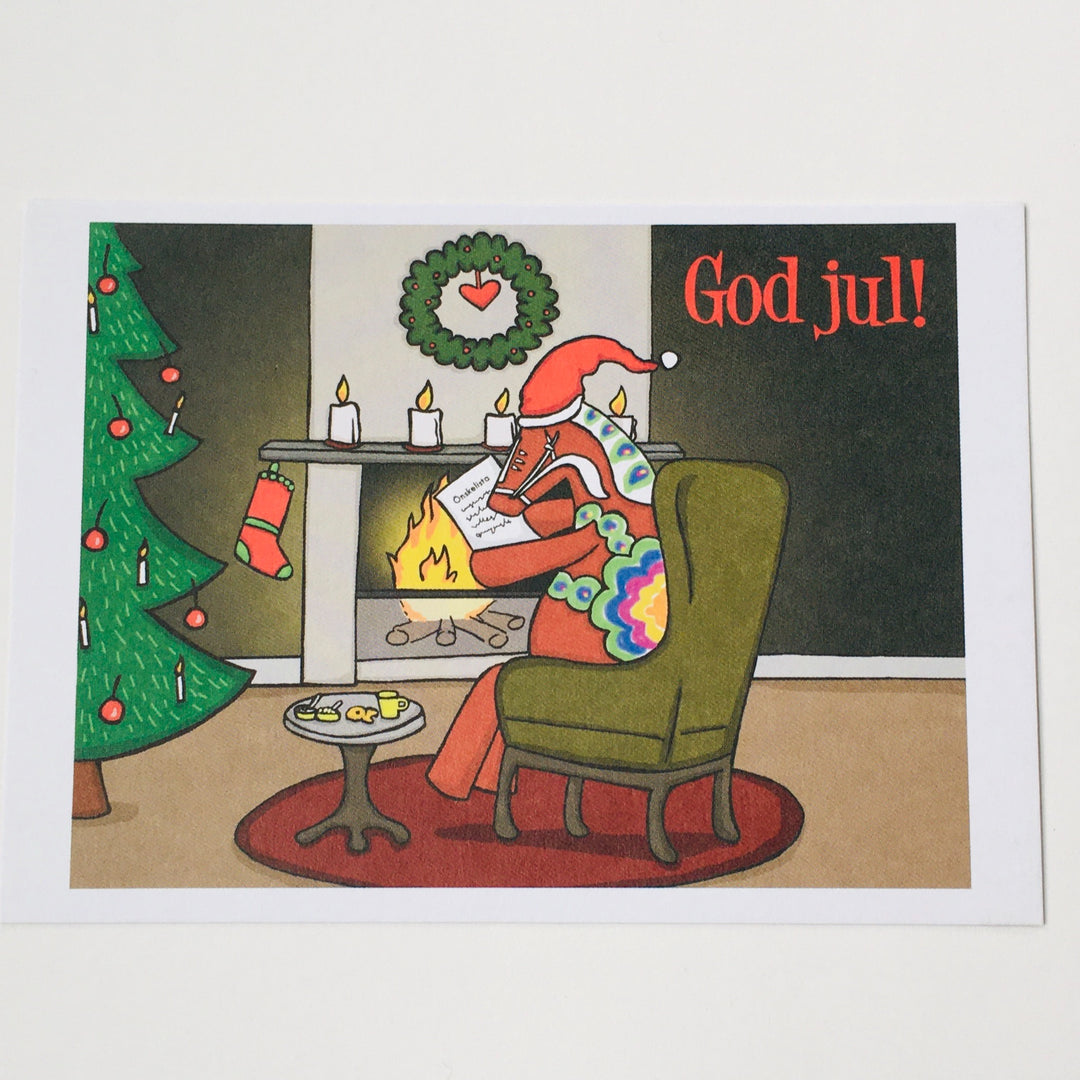 Post card, Karin Didring God Jul Dala horse by the fireplace