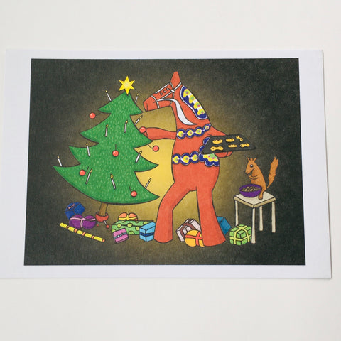 Post card, Karin Didring Dala horse decorating Christmas tree