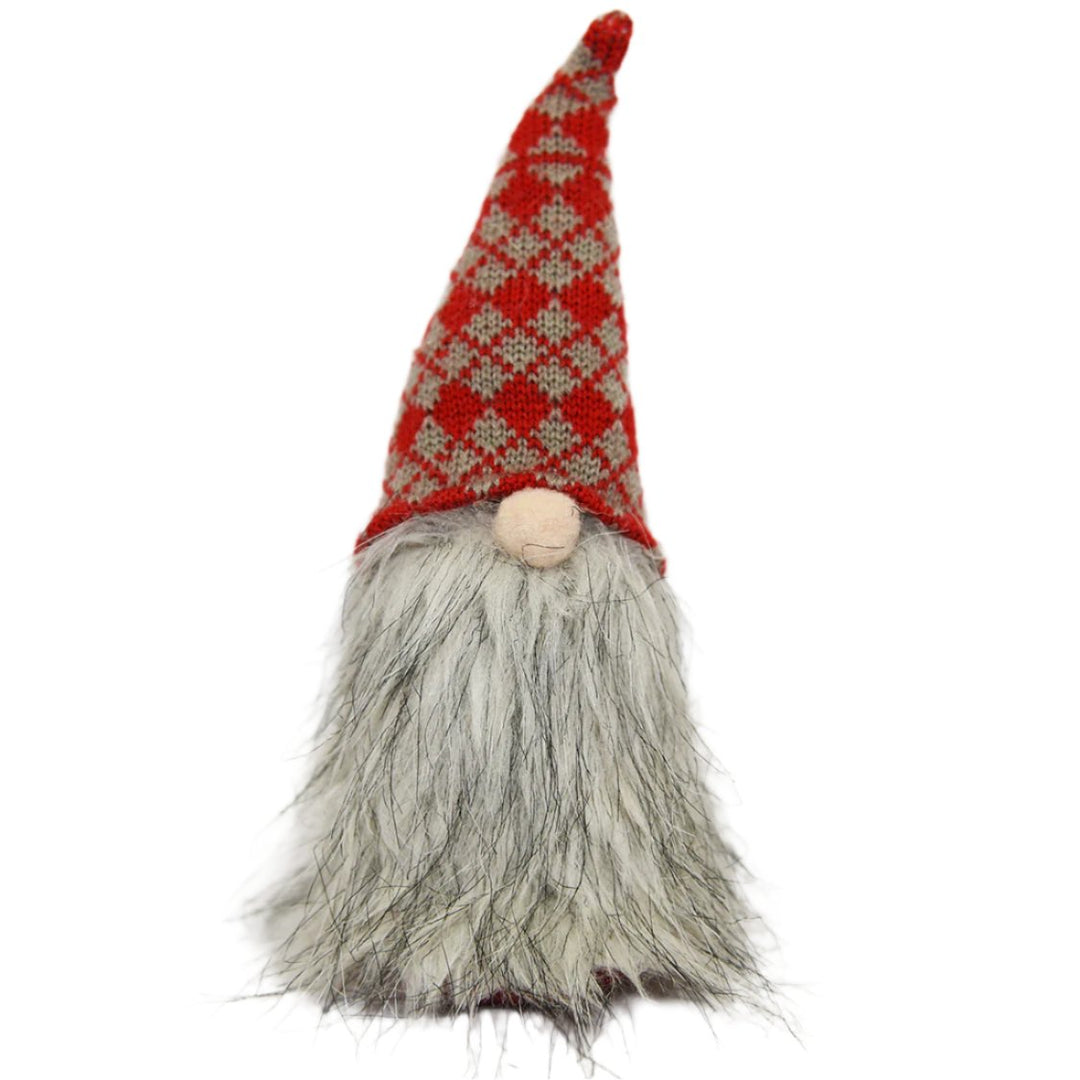 Gray beard gnome with red/grey knit hat