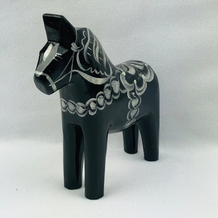 Traditional Black/Silver wooden Dala horse