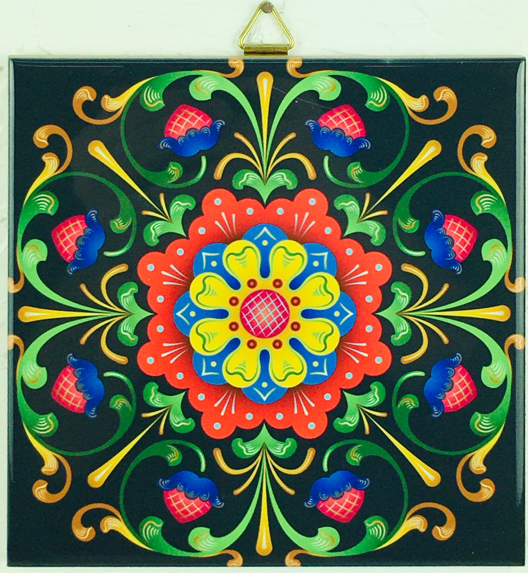 6" Ceramic Tile, Black Folk Art Flowers