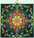 6" Ceramic Tile, Black Folk Art Flowers