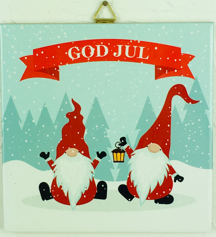 6" Ceramic Tile, 2 Gnomes God Jul Banner