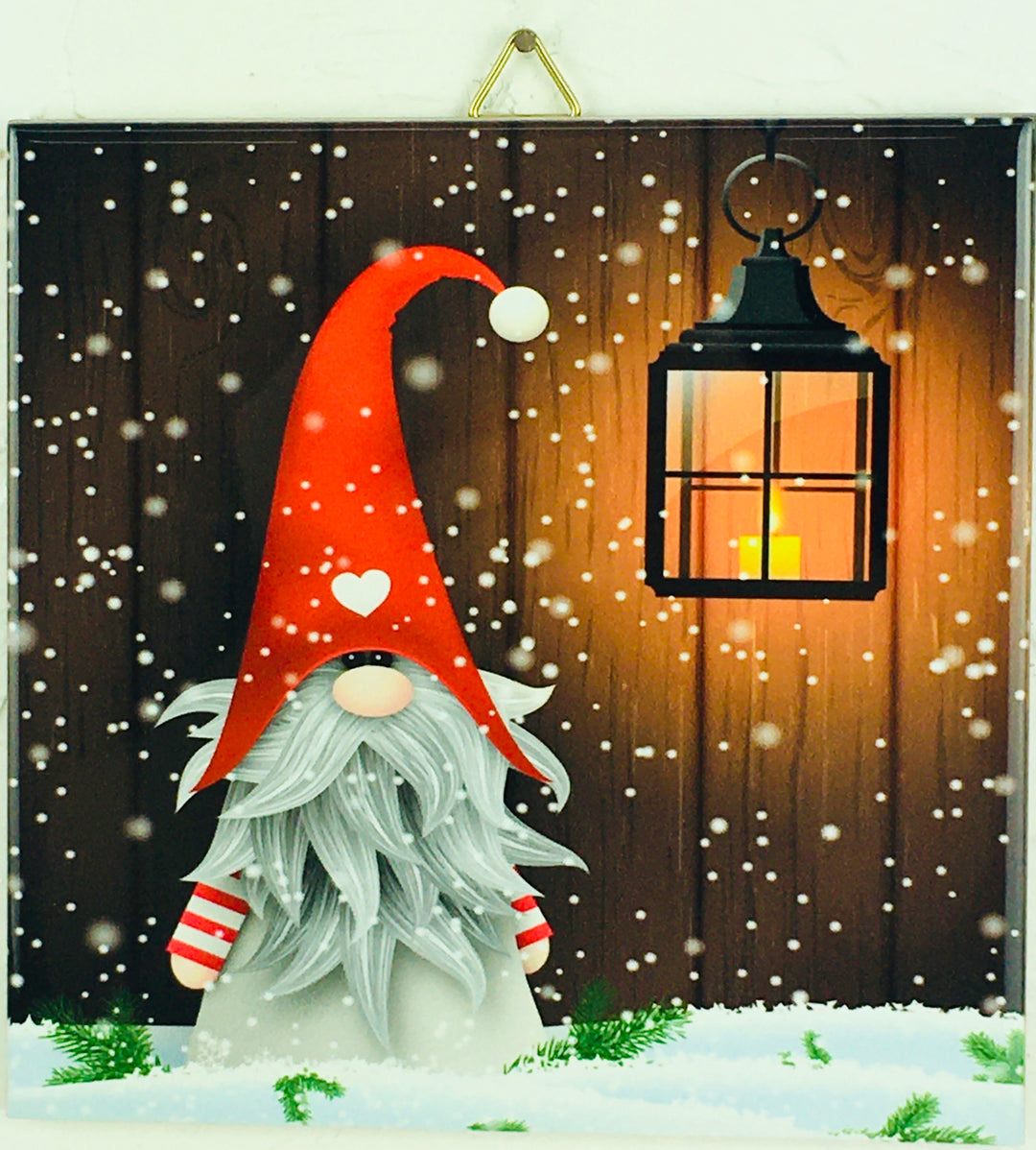 6" Ceramic Tile, Gnome & hanging lantern