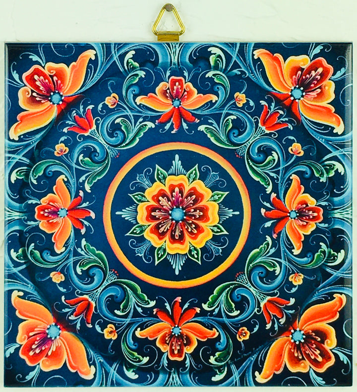 6" Ceramic Tile, Lise Lorentzen Blue Rosemaling