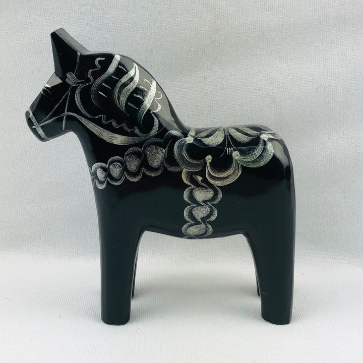 Traditional Black/Silver wooden Dala horse