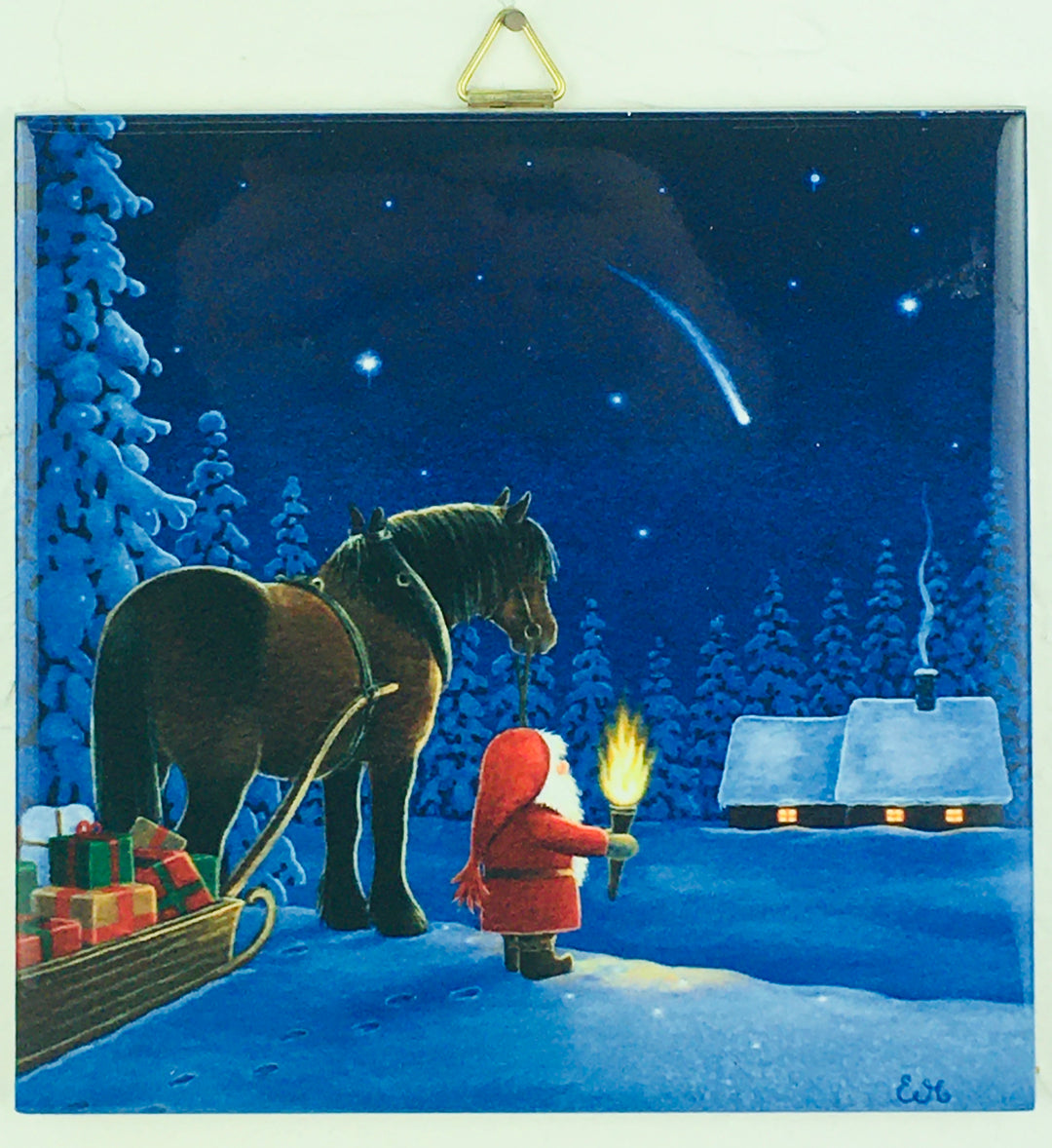 6" Ceramic Tile, Eva Melhuish, horse & tomte cabin shooting star