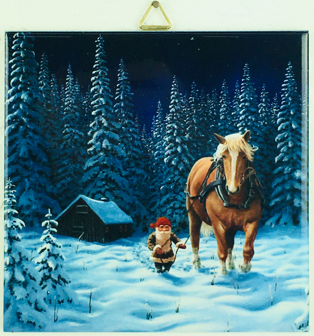 6" Ceramic Tile, Jan Bergerlind Tomte & horse at night