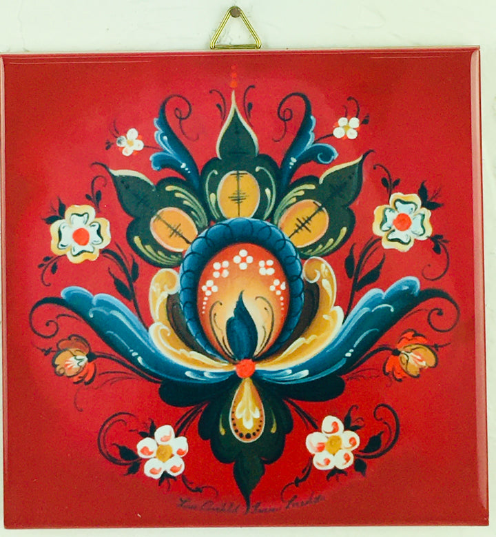 6" Ceramic Tile, Lise Lorentzen Red Rosemaling