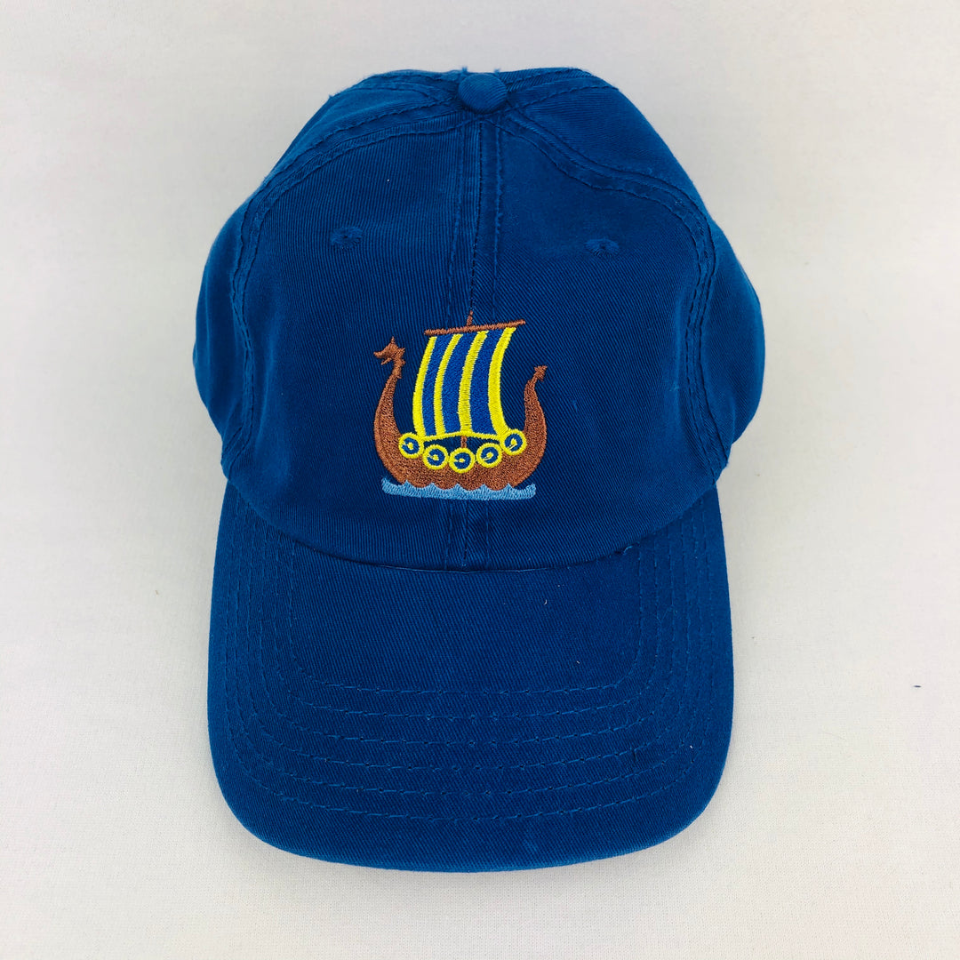 Blue/Yellow Viking ship on royal blue baseball cap