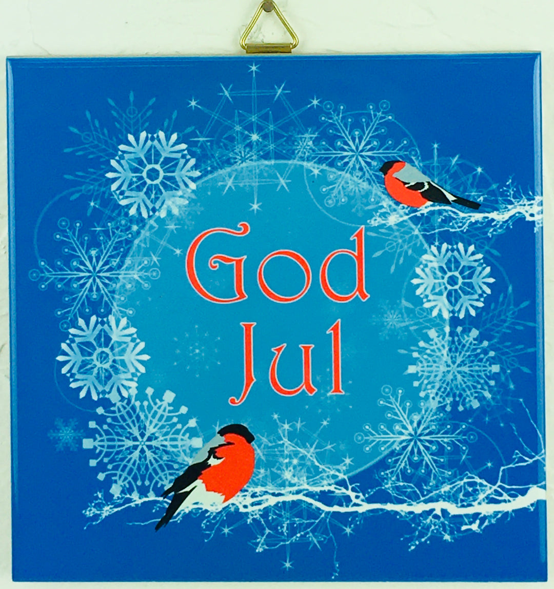 6" Ceramic Tile, God Jul Bullfinches on Blue