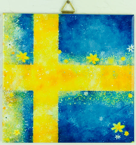 6" Ceramic Tile, Swedish Flag with Flowers