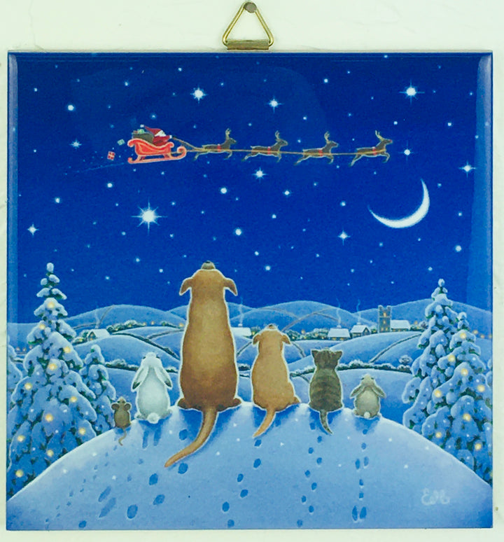 6" Ceramic Tile, Eva Melhuish Animals Watching Santa's Sleigh