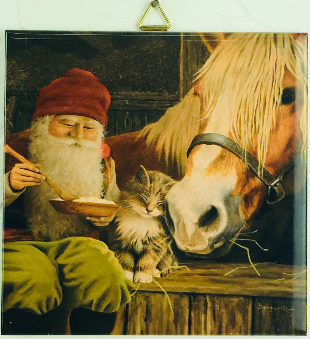 6" Ceramic Tile, Jan Bergerlind Tomte w/ porridge and cat