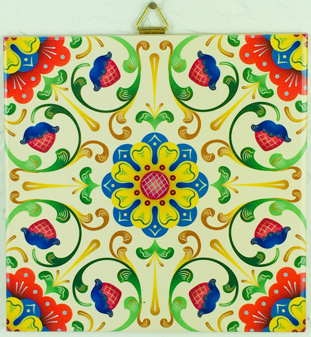 6" Ceramic Tile, Ecru Folk Art Flowers