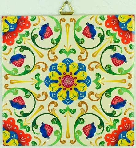 6" Ceramic Tile, Ecru Folk Art Flowers