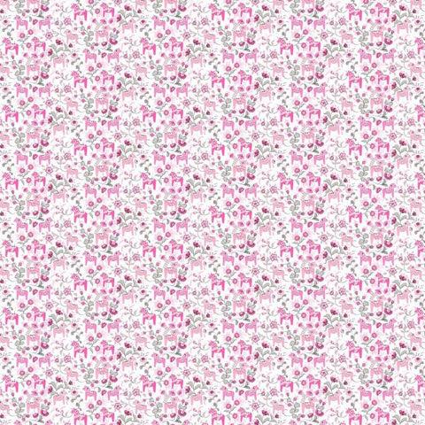 Swedish fabric - White w/ Pink Mini Dala horses & kurbits