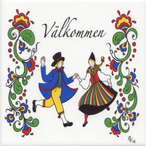 6" Ceramic Tile, Susan Swanson Swartz Swedish Couple & Kurbits with Välkommen