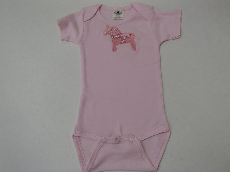 Pink Baby Onezie with snaps - Embroidered Pink Dala horse